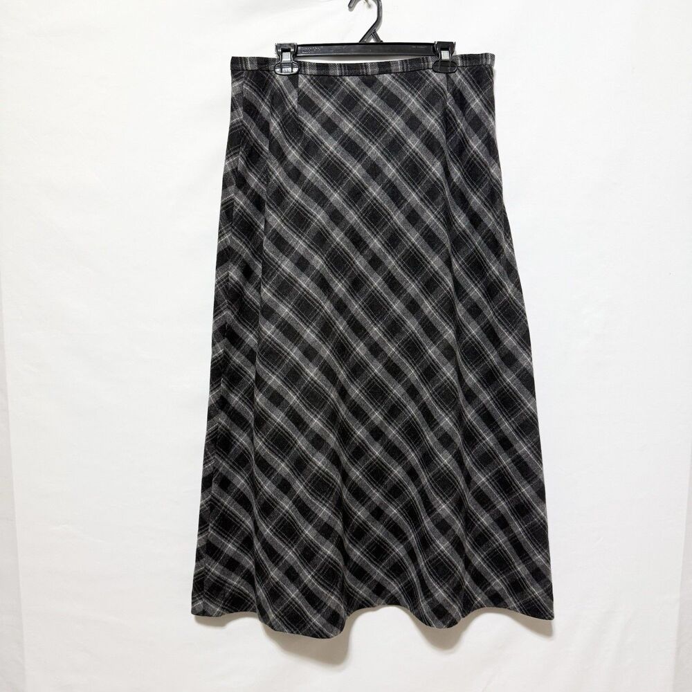 Eddie Bauer Women’s 16 Wool Blend Plaid A-Line Maxi Skirt Gray Black Academia